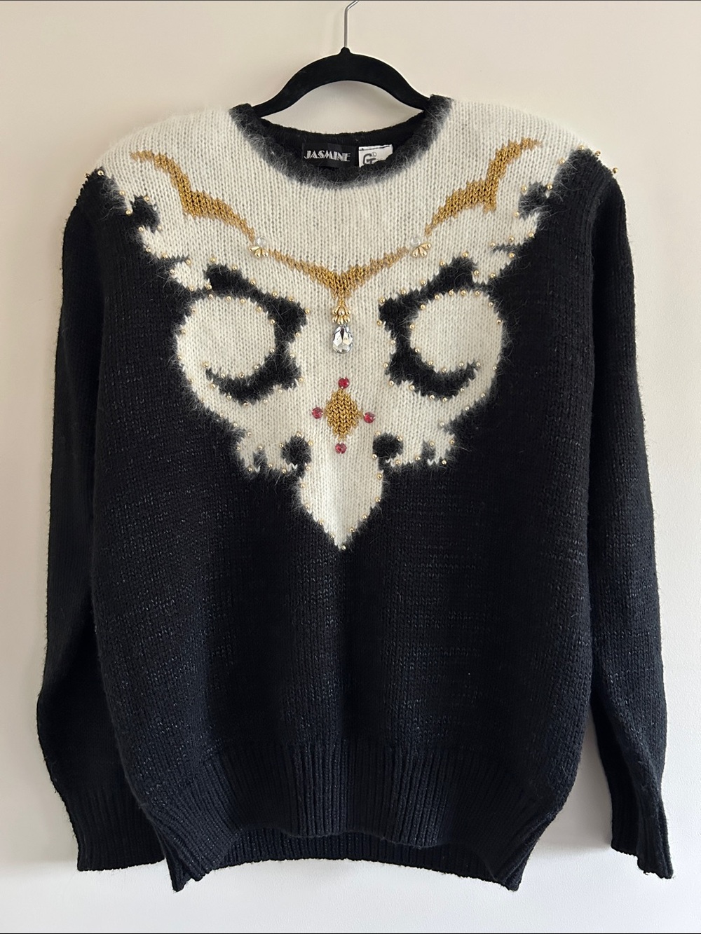 Vintage 80s Jasmine Black Crewneck Sweater with White & Gold Accent, Size XL
